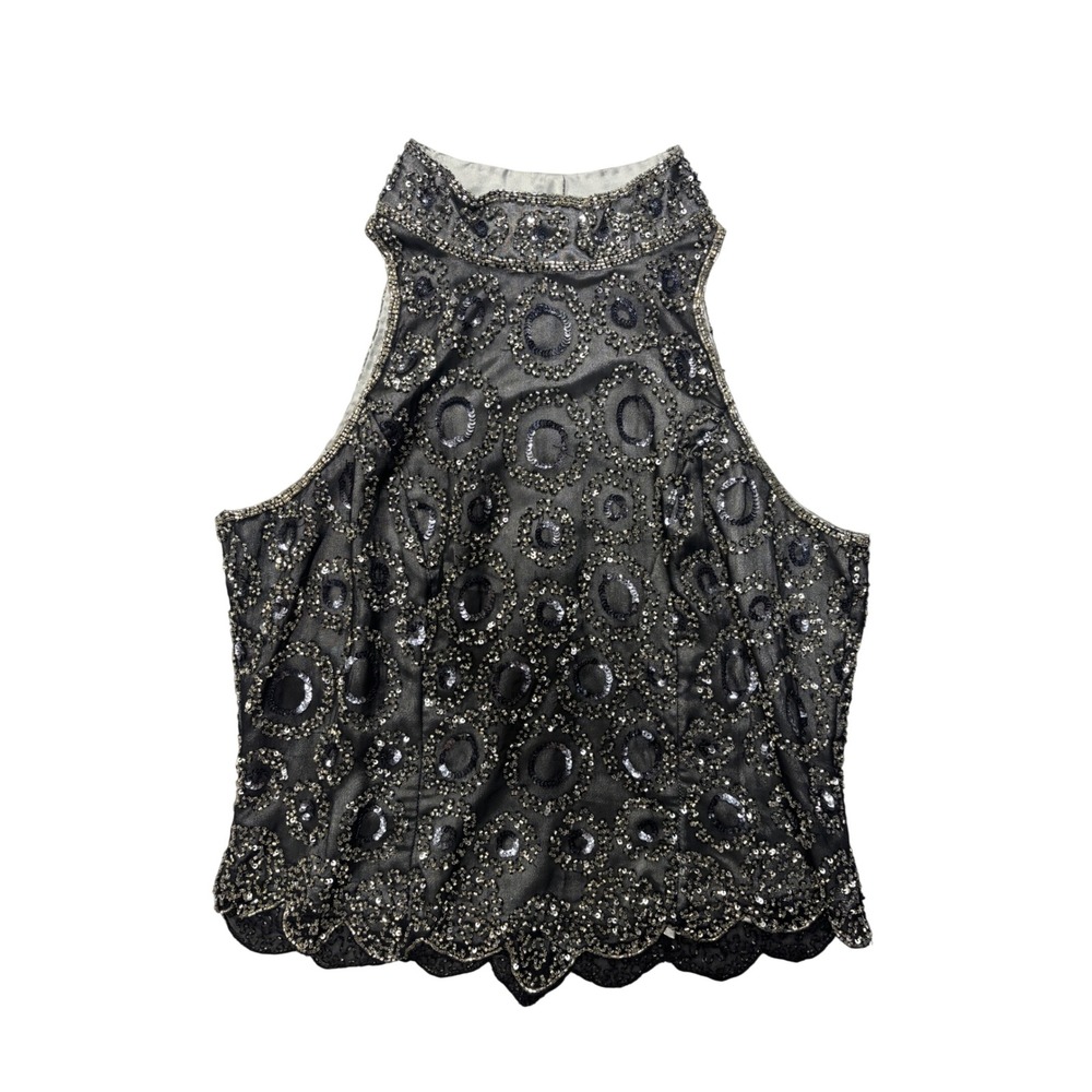 Vintage Papell Boutique Top PM Silk Beaded Sequin Mock Neck Navy Scalloped